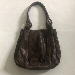 Boss Bag Purse Tote Brown Leather Metal Studs Pleated Interior Pockets Zipper